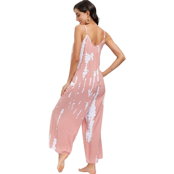 Women's Tie Dye Pink Jumpsuit romper with Pockets - Picture 4 of 5